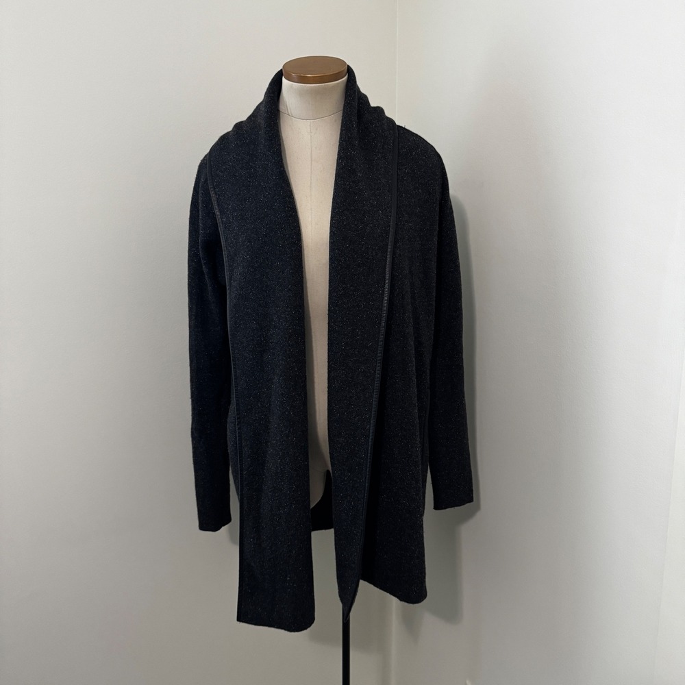 Vince XS Speckled Gray Wool Silk Cashmere Open Front Cardigan Leather Trim